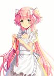  2016 apron bow cleavage_cutout dated duzie_e earrings frills hair_bow highres jewelry kaname_madoka long_hair looking_at_viewer mahou_shoujo_madoka_magica pink_hair puffy_short_sleeves puffy_sleeves red_string short_sleeves smile solo string two_side_up ultimate_madoka very_long_hair white_background yellow_eyes 