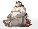 absurd_res accessory anthro belly biceps black_body black_fur blush canid canine canis crossover domestic_dog duo facesitting fur grey_body grey_fur hair headband hi_res lifewonders male male/male mammal musclegut navel ninja nipples pecs scarf sitting_on_another size_difference ssu_open tadatomo tamacolle tokyo_afterschool_summoners warrior white_hair yamato_(tamacolle)