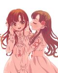  2girls ascot blush braid brooch brown_eyes brown_hair chiri_sousu closed_eyes clothing_cutout commentary_request crown_braid flower hair_flower hair_ornament highres idolmaster idolmaster_cinderella_girls jewelry kobayakawa_sae long_hair long_sleeves looking_at_another mizumoto_yukari multiple_girls rose shoulder_cutout simple_background smile upper_body whispering_in_ear white_background 