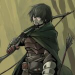  1boy archery armor arrow_(projectile) belt bow_(weapon) cape chest_armor forest gloves green_cape grey_eyes grey_hair holding holding_arrow holding_bow_(weapon) holding_weapon nature original rightorisamraido3 short_hair simple_background solo weapon 
