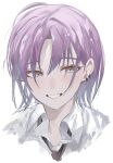  1girl absurdres asakura_toru black_necktie blush cropped_torso cute_mdr earrings grin highres idolmaster idolmaster_shiny_colors jewelry necktie open_collar purple_hair shirt short_hair simple_background sketch smile solo white_background white_shirt 