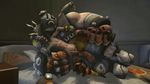  2boys anal animated animated_gif bed erection fat food gloves happy_sex huge_penis junkrat_(overwatch) leg_lift lying male_focus mask multiple_boys naughty_face overwatch penis pizza roadhog_(overwatch) sex size_difference source_filmmaker tattoo yaoi 