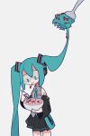  1girl :t aqua_eyes aqua_hair aqua_necktie bare_shoulders beamed_eighth_notes black_skirt black_sleeves bmp-to-png_conversion bowl chinese_commentary closed_mouth collared_shirt commentary_request detached_sleeves eating expressionless fork grey_shirt hair_as_food hatsune_miku highres holding holding_bowl long_hair miniskirt musical_note necktie oversized_object pleated_skirt quarter_note shirt shoulder_tattoo skirt sleeveless sleeveless_shirt solo tattoo twintails very_long_hair vocaloid white_background zhepsikn 