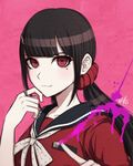  black_hair blood danganronpa hair_ornament harukawa_maki jewelry mole mole_under_eye new_danganronpa_v3 nguyen_quynh_chi pink_blood red_eyes ring school_uniform smile solo twintails 