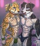abs anthro biceps bulge canid canine canis cheetah clothed clothing collar domestic_dog duo emoster felid feline hi_res male male/male mammal muscular muscular_male pec_frottage pecs topless