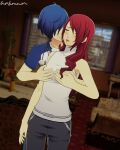  1boy 1girl absurdres bedroom blue_hair blush breasts couple grabbing grabbing_another&#039;s_breast hetero highres kirijou_mitsuru long_hair persona persona_3 persona_3_reload red_hair unknownentity yuuki_makoto 