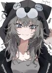  1girl animal_ears animal_hood arknights arm_up black_jacket blue_eyes blush button_eyes collarbone earrings fish grey_hair grey_shirt hair_between_eyes hood itoh_yamori jacket jewelry lappland_(arknights) large_buttons open_clothes open_jacket paw_print scar scar_across_eye scar_on_face shirt sidelocks single_earring slit_pupils strapless sweat tube_top unzipped upper_body wavy_hair white_background wolf_ears wolf_girl 