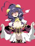  1girl ahoge biting_hair black_pasties blush breastless_clothes breasts corset cross_pasties fold-over_gloves forward_facing_horns highres hiiragi_utena horns lowleg lowleg_pants magia_baiser magical_girl mahou_shoujo_ni_akogarete medium_breasts navel open_mouth pants pasties pink_corset purple_corset purple_pasties revealing_clothes shitagani simple_background solo star_(symbol) star_pasties symbol-shaped_pupils wings yellow_eyes yellow_horns 