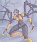  1girl arthropod_limbs beast_wars black_eyes black_lips blackarachnia breasts eyelashes forest galvgp helmet highres humanoid_robot medium_breasts nature robot robot_girl science_fiction solo thighs transformers 