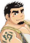  1boy absurdres bara beard black_hair blush_stickers crave_saga facial_hair from_side highres huge_eyebrows looking_at_viewer male_focus medium_sideburns muscular muscular_male pectoral_cleavage pectorals protagonist_(crave_saga) satono_(satopu_v2) short_hair sideburns_stubble solo stubble thick_beard upper_body 