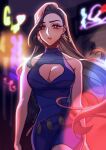  1girl absurdres bare_arms bare_shoulders black_hair blue_dress blurry blurry_background blush breasts city_lights cleavage cleavage_cutout clothing_cutout collarbone commentary cowboy_shot crescent crescent_earrings dress earrings english_commentary final_fantasy final_fantasy_vii floating_hair gold_earrings hair_behind_ear highres jewelry large_breasts long_hair looking_at_viewer neon_lights night official_alternate_costume outdoors parted_lips red_eyes seilidare short_dress single_earring skin_tight sleeveless sleeveless_dress solo swept_bangs tifa_lockhart turtleneck_dress wavy_hair 
