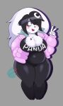 absurd_res anthro bear belly big_belly black_hair blush breasts cleavage clothed clothing female gesture giant_panda hair hi_res leggings legwear luna_paws mammal one_eye_closed overweight overweight_female piercing signature solo thick_thighs v_sign white_hair yalen-the-untaggable