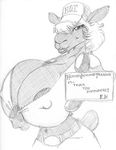  2016 anthro big_breasts breasts card cervine clothing emma_horton female hair hair_over_eye hat holding_object huge_breasts looking_at_viewer mammal midriff moose nipple_slip pants pencil_(artwork) shirt_pull solo teasing text traditional_media_(artwork) wolfkidd 