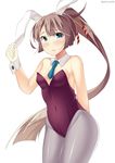  adapted_costume animal_ears aqua_eyes aqua_neckwear arm_behind_back bad_id bad_pixiv_id bangs bare_arms bare_shoulders blunt_bangs blush breasts bunny_ears bunnysuit cleavage closed_mouth covered_navel cowboy_shot detached_collar ear_pull embarrassed fake_animal_ears frown gradient_hair grey_hair grey_legwear hair_ornament hair_ribbon hand_up high_ponytail highleg highleg_leotard kankitsunabe_(citrus) kantai_collection kazagumo_(kantai_collection) kemonomimi_mode legs_together leotard lips long_hair long_ponytail medium_breasts multicolored_hair necktie orange_ribbon pantyhose parted_bangs ponytail purple_leotard raised_eyebrows ribbon short_necktie sideboob silver_eyes simple_background solo standing strapless strapless_leotard thighs tsurime twitter_username very_long_hair white_background wrist_cuffs 