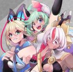  3girls antenna_hair azure_striker_gunvolt azure_striker_gunvolt_2 azure_striker_gunvolt_3 blonde_hair blue_eyes blush breasts butterfly_hair_ornament cleavage dark-skinned_female dark_skin green_eyes green_hair grey_hair hair_ornament headgear idol large_breasts long_hair looking_at_viewer lumen_(gunvolt) luxia_(gunvolt) medium_breasts multicolored_hair multiple_girls open_mouth orange_hair pink_hair red_eyes revealing_clothes robot_girl roro_(gunvolt) short_hair smile twitter_username zukoko_rkgk 