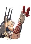  1girl absurdres american_flag american_flag_legwear asymmetrical_legwear black_panties blonde_hair blue_eyes boots breasts cannon elbow_gloves flag_print front-tie_top garter_straps gloves hair_between_eyes headgear highres huge_breasts iowa_(kancolle) kantai_collection legs_up long_hair miniskirt mismatched_legwear navel panties rigging rudder_footwear sitting skirt smile solo star-shaped_pupils star_(symbol) striped_clothes striped_skirt striped_thighhighs symbol-shaped_pupils thighhighs turret underwear vertical-striped_clothes vertical-striped_skirt vertical-striped_thighhighs very_long_hair ye_fan 