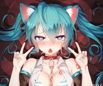  ahoge animal_ears aqua_eyes aqua_hair aqua_nails bai_yemeng bare_shoulders blush body_blush bra breasts cat_ears chain chestnut_mouth cleavage collar detached_sleeves double_v drooling fang hair_between_eyes hatsune_miku heart heart-shaped_pupils long_hair medium_breasts nail_polish open_clothes open_mouth open_shirt red_collar shiny shiny_skin shirt solo striped striped_bra symbol-shaped_pupils torogao twintails underwear upper_body v vocaloid 