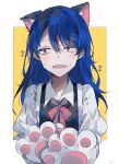  1girl absurdres ado_(utaite) animal_ear_fluff animal_ears animal_hands atashi_wa_mondaisaku averting_eyes black_vest blue_hair blush border cat_ears cloud_nine_inc collared_shirt dress_shirt gloves hair_between_eyes highres long_hair long_sleeves neck_ribbon nervous_sweating open_mouth outside_border paw_gloves paw_print red_ribbon ribbon shirt solo sweat tanaka_keiko_(ado) tearing_up umemaro_(siona0908) upper_body vest white_border white_shirt yellow_background 