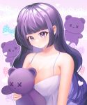  blush bow breasts cleavage dress heart highres holding holding_stuffed_toy lace lace_trim large_breasts lingerie looking_at_viewer original pink_background purple_dress purple_eyes purple_hair rinnimel simple_background sparkling_eyes stuffed_animal stuffed_toy teddy_bear underwear 
