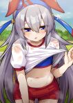  1girl :o animal_ears ao_(user_xcnx5328) blue_eyes blue_hairband blue_sky blue_sports_bra blurry blurry_background clothes_lift commentary_request cowboy_shot day depth_of_field ear_covers ears_down flying_sweatdrops frown grey_hair gym_shirt gym_shorts gym_uniform hairband half-closed_eyes horse_ears horse_girl korean_commentary leaning_forward lifted_by_self long_hair looking_down midriff open_mouth outdoors red_shorts shirt shirt_lift short_shorts short_sleeves shorts sky sports_bra standing sweat t-shirt tamamo_cross_(umamusume) umamusume very_long_hair white_shirt 