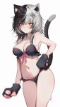  1girl absurdres animal_ear_fluff animal_ears animal_hands bare_shoulders blush cat_ears cat_girl cat_tail closed_mouth gloves highres kemonomimi_mode looking_at_viewer navel paw_gloves pout rosebell simple_background solo tail thighs white_background 