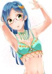  aqua_bra aqua_panties armpits blue_hair bra breasts cleavage glasses green_eyes hair_ornament hand_in_hair highres long_hair looking_at_viewer medium_breasts moon_(ornament) murabito_c navel panties rinoda_mano school_girl_strikers simple_background solo underwear white_background 