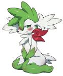 ambiguous_gender anthro blush bodily_fluids chest_tuft covering covering_self embarrassed fur fuyugaki15 generation_4_pokemon green_body green_fur hi_res kneeling legendary_pokemon nintendo petals pokemon pokemon_(species) shaymin simple_background sky_forme_shaymin solo tears thick_thighs tuft white_background white_body white_fur