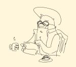2022 anthro beverage bugsnax clothing digital_media_(artwork) english_text eyewear glasses grumpus hat headgear headwear holding_tablet looking_at_object looking_at_tablet male mug shaibey sharp_teeth simple_background sitting sketch sleeveless_shirt solo tablet teeth text three-quarter_view topwear tusks wambus_troubleham white_background young_horses