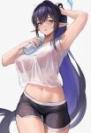  1girl adjusting_hair alternate_costume arm_up black_hair blue_archive blue_eyes blue_hair blush bottle breasts chestnut_mouth colored_inner_hair cowboy_shot eyeliner halo hanging_breasts highres large_breasts long_hair makeup midriff multicolored_hair navel no_eyewear pointy_ears ponytail rin_(blue_archive) see-through shirt simple_background solo stone_(ksorede) very_long_hair water_bottle wet wet_clothes wet_shirt white_background 