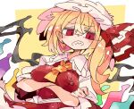  1girl ascot blonde_hair breasts clenched_teeth collared_shirt crystal flandre_scarlet hat long_hair massakasama medium_breasts mob_cap one_side_up red_eyes red_skirt red_vest shirt short_sleeves skirt solo teeth touhou vest white_headwear white_shirt wings yellow_ascot 