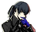  1boy belt black_belt black_bow black_bowtie black_hair black_jacket black_pants blue_gloves bow bowtie brown_eyes gloves jacket official_art pants persona persona_5 persona_5:_the_phantom_x shiratori_seiji 