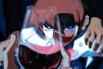  alcohol black_shirt blue_eyes blurry bright_pupils brown_hair character_counter_request chinese_commentary commentary_request cup dark_skin depth_of_field drinking_glass glaring hand_on_another&#039;s_shoulder hand_up highres holding holding_cup kaiba_seto long_sleeves male_focus red_wine serious shadow shirt short_hair solo_focus tt_(joesther3) upper_body wine wine_glass yu-gi-oh! yu-gi-oh!_duel_monsters 