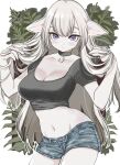  1girl animal_ears blue_shorts blush breasts cleavage closed_mouth collar collarbone commentary_request cowboy_shot crop_top denim denim_shorts grey_hair grey_shirt groin hands_in_hair hands_up highres horizontal_pupils large_breasts large_hands long_hair midriff navel original plant purple_eyes sheep_ears sheep_girl shirt short_shorts short_sleeves shorts solo srtk3 tight_clothes tight_shirt very_long_hair w_arms 