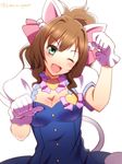  animal_ears breasts brown_hair cat_ears cat_tail cleavage eyebrows eyebrows_visible_through_hair fang gloves green_eyes heart idolmaster idolmaster_cinderella_girls long_hair maekawa_miku medium_breasts one_eye_closed ookami_maito open_mouth simple_background solo star!! tail upper_body white_background white_gloves 