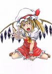  alternate_wing_color blonde_hair crying crying_with_eyes_open crystal flandre_scarlet frilled_skirt frills hat highres koji_(koji-a) mob_cap open_mouth red_eyes shirt short_hair side_ponytail sitting skirt solo tears touhou vest wariza wings 