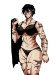  1girl abs absurdres blue_eyes bra breasts burn_scar glasses highres jujutsu_kaisen looking_at_viewer muscular muscular_female navel neitheyagi scar scar_on_arm short_hair solo underwear zen&#039;in_maki 