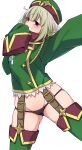  1girl araga_kiwi ass_visible_through_thighs black_panties blush boots cameltoe commentary_request green_hair green_headwear green_jacket grin highres jacket legs_apart leopard_(mahou_shoujo_ni_akogarete) looking_at_viewer mahou_shoujo_ni_akogarete mole mole_under_eye panties purple_eyes simple_background sk02 sleeves_past_fingers sleeves_past_wrists smile solo tareme teeth thigh_boots thighs underwear very_long_sleeves white_background 