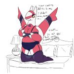 2021 accessory anthro bed bedroom big_breasts blue_markings bra breasts chest_markings cleavage clothed clothing countershade_legs countershading describing_size detailed_background ellipsis eyelashes eyeshadow female furgonomics furniture furniture_lamp garter garter_straps generation_1_pokemon generation_3_pokemon gloves_(marking) holding_breast inanimate_object kneeling kneeling_on_bed lace lace_bra lace_garter lace_lingerie lace_panties lace_stockings lamp latias legendary_pokemon legwear lingerie makeup markings mattress navel nightstand nintendo no_pupils on_bed overweight overweight_anthro overweight_female panties pillow pokeball pokemon pokemon_(species) purple_bra purple_clothing purple_eyeshadow purple_legwear purple_lingerie purple_panties purple_stockings purple_underwear red_body red_legs red_wings simple_background skindentation solo stockings stuttering talking_to_another thatoneaceguy translucent translucent_clothing translucent_legwear translucent_stockings triangle_(shape) tsundere underline underwear unusual_anatomy unusual_wings voltorb weight_conscious white_arms white_background white_body white_countershading white_markings wing_accessory wing_garter wingband wings yellow_eyes