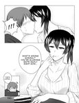  1boy 1girl admiral_(kantai_collection) blush breasts cake cleavage collarbone comic finger_licking food greyscale hetero jewelry kaga_(kantai_collection) kantai_collection kiss large_breasts licking monochrome naughty_face ring side_ponytail surprise_kiss surprised tongue tongue_out wangphing wedding_band 