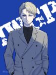  1boy ando_takashi blonde_hair blue_background blue_eyes buttons double-breasted earrings epuusa formal hands_in_pockets highres ikebukuro_west_gate_park jewelry long_sleeves looking_at_viewer male_focus short_hair single_earring solo suit 