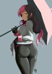  1girl artist_logo ass automatic_giraffe black_gloves black_pants breasts brown_eyes brown_hair from_behind gloves grey_background heterochromia highres holding holding_umbrella large_breasts long_hair long_sleeves looking_at_viewer looking_back multicolored_hair neo_politan pants pink_eyes pink_hair rwby shirt simple_background solo split-color_hair twisted_torso two-tone_hair umbrella white_shirt 