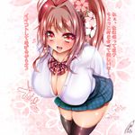  1girl ahoge black_legwear blush breasts brown_hair cherry_blossom cleavage female flower hair_ornament highres huge_breasts jotti leaning_forward long_hair long_ponytail looking_at_viewer miniskirt open_mouth original ponytail red_eyes ribbon shirt skirt solo standing text thighhighs thighs translation_request 