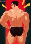  1boy absurdres artist_name ass bara biceps black_eyes black_hair crestren feet_out_of_frame hand_on_own_hip highres huge_ass looking_at_viewer looking_back lucas_lee male_focus male_swimwear manly mature_male muscular muscular_male no_pants patreon_logo patreon_username scott_pilgrim_(series) scott_pilgrim_takes_off short_hair simple_background smirk solo spiked_hair swim_briefs thick_arms thick_eyebrows thick_thighs thighs thunder topless_male triceps 