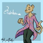 2023 absurd_res anthro clothed clothing coat colored digital_media_(artwork) english_text felid female fur halcyon_(series) hi_res lion lost_andsafe mammal neutral_expression pantherine quinlan_(halcyon) simple_background sketchy solo tail text topwear trenchcoat