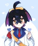  1boy black_hair blue_shirt blush buckle closed_mouth collared_shirt colored_inner_hair commentary crossed_bangs double_finger_heart finger_heart gloves hair_between_eyes hairband heart jacket kieran_(pokemon) long_sleeves looking_at_viewer male_focus mole mole_on_neck multicolored_hair necktie partially_fingerless_gloves pokemon pokemon_sv poor_trainer red_gloves red_necktie shirt single_glove smile solo strap upper_body white_jacket yellow_eyes yellow_hairband 