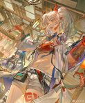  3girls arknights blue_hair chopsticks cup drinking_glass dusk_(arknights) earrings food grey_hair highres holding holding_chopsticks horns jacket jewelry lantern ling_(arknights) long_hair multiple_girls nian_(arknights) official_art pointy_ears ponytail purple_eyes shorts tail wine_glass yin_er_tang 