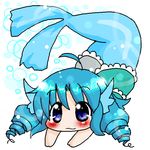  ahoge annyui blue_eyes blue_hair blush chibi drill_hair japanese_clothes kimono mermaid monster_girl solo touhou wakasagihime 