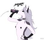 anthro bassenji beverage black_body black_fur breasts canid canid_demon canine canis collar collar_only demon female fur hellhound helluva_boss hi_res loona_(helluva_boss) mammal nude simple_background small_breasts solo white_body white_fur wolf