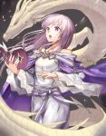  1girl bare_shoulders book casting_spell circlet dragon dress fire_emblem fire_emblem:_genealogy_of_the_holy_war highres holding holding_book jewelry julia_(fire_emblem) long_hair mitsumachi_senji open_mouth purple_eyes purple_hair sash solo wide_sleeves 