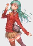  alternate_costume aqua_hair ascot back breasts brown_legwear brown_skirt buttons cannon grey_background hair_ornament hairclip kantai_collection leaf long_hair long_sleeves looking_at_viewer looking_back maple_leaf medium_breasts pleated_skirt red_sweater school_uniform shirt skirt smile solo suzuya_(kantai_collection) sweater thighhighs turret urokoda white_shirt yellow_eyes 